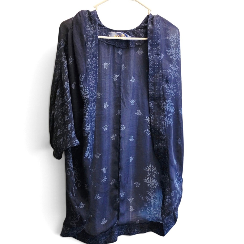 Blue Rain Damask Floral Sheer Kimono Cardigan Open Front Women's OS Navy Blue